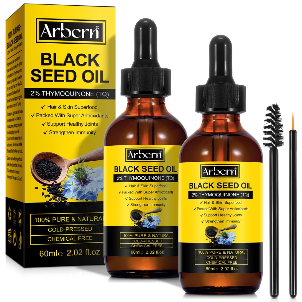 2 Pack Black Seed Oil Organic Cold Pressed,100% Pure & Natural Liquid Seed Oil Cold Pressed Glass Bottle 60ML for Skin Cares, Nourishes and Hydrates Hairtes