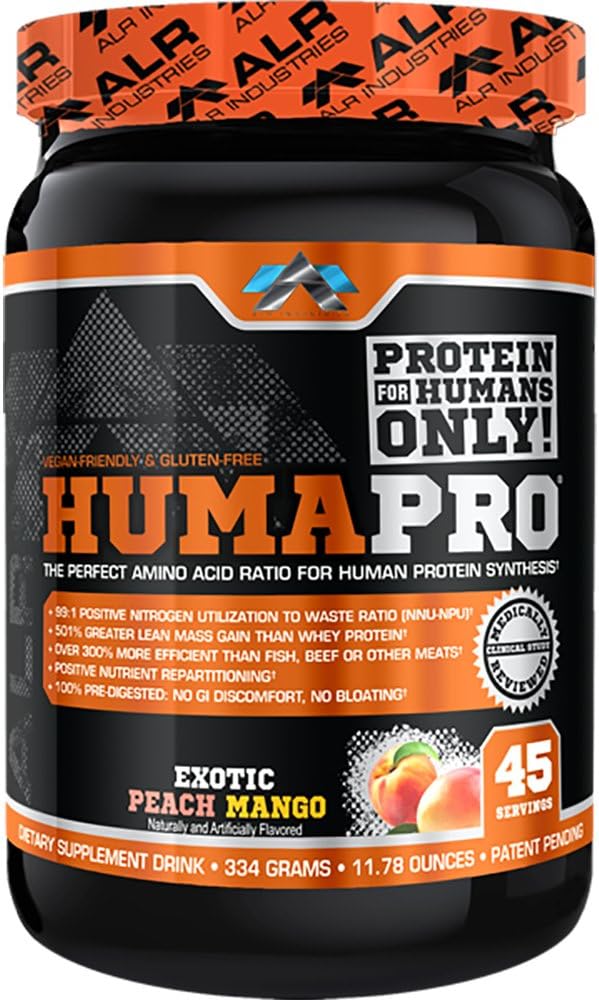 Humapro | Amino Acids חלבונים מטריקס עבור בני אדם | 99% Utilization for Lean שריר | טבעוני, Gluten Free | 334g / 45 משרתים (Exotic Peach מנגו)