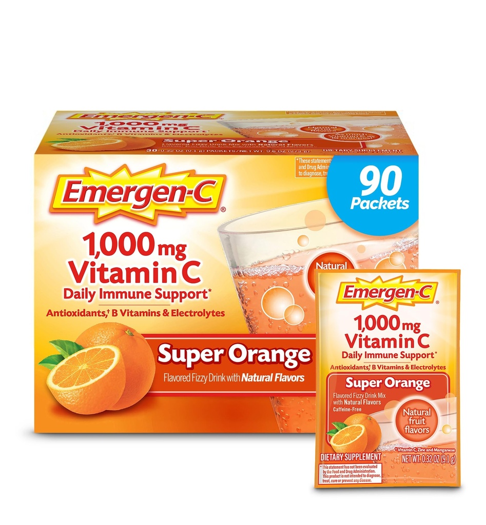 Emergen-C 1000mg Vitamin C Powder for Daily Immune Support Caffeine Free Vitamin C Supplements with Zinc and Manganese, B Vitamins and Electrolytes, Super Orange Flavor - 90 Count/3 Month Supply