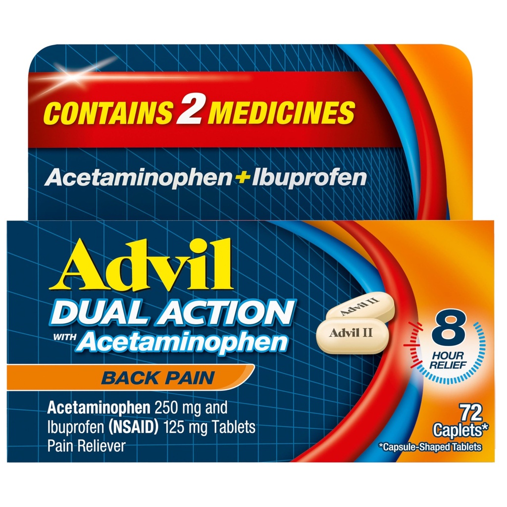 Advil Double Action Back Pain Caplets מספק 250 מ"ג Ibuprofen ו 500 מ"ג Acetaminophen Per Dose עבור 8 שעות של כאבי גב - 72 Count Count