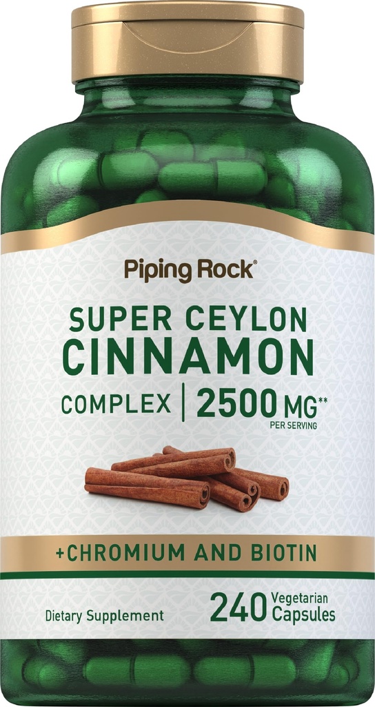 Piping Rock Super Ceylon Cinnamon Complex כמוסות | 240 גלולות אבקה | תוספת עם Chromium ו biotin | Vegetarian, non-GMO, Gluten Free