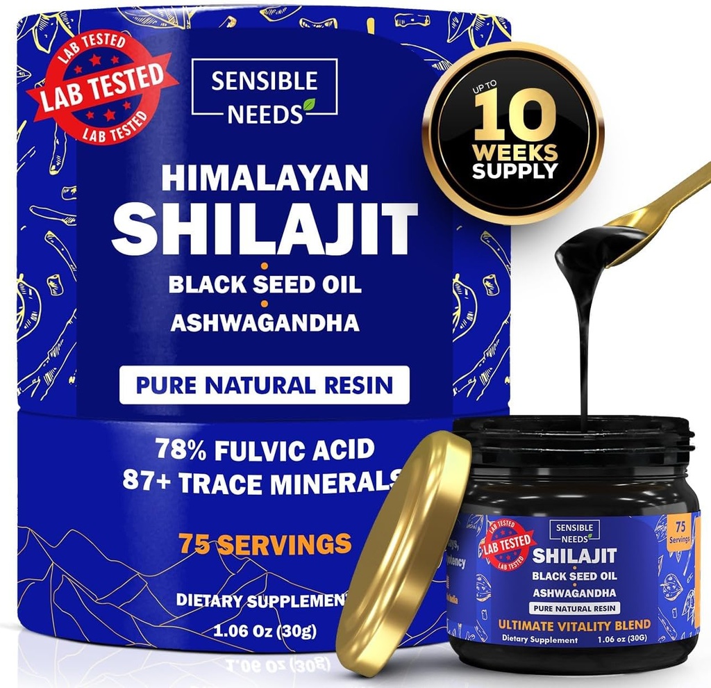 התוסף של Hilajit Organic Resin, Shilajit for Men & Women with Black Seed Oil & Ashwagandha, Energy, Immunity, 78% Fulvic Acid, 87+ Trace מינרלים, 400 מ"ג