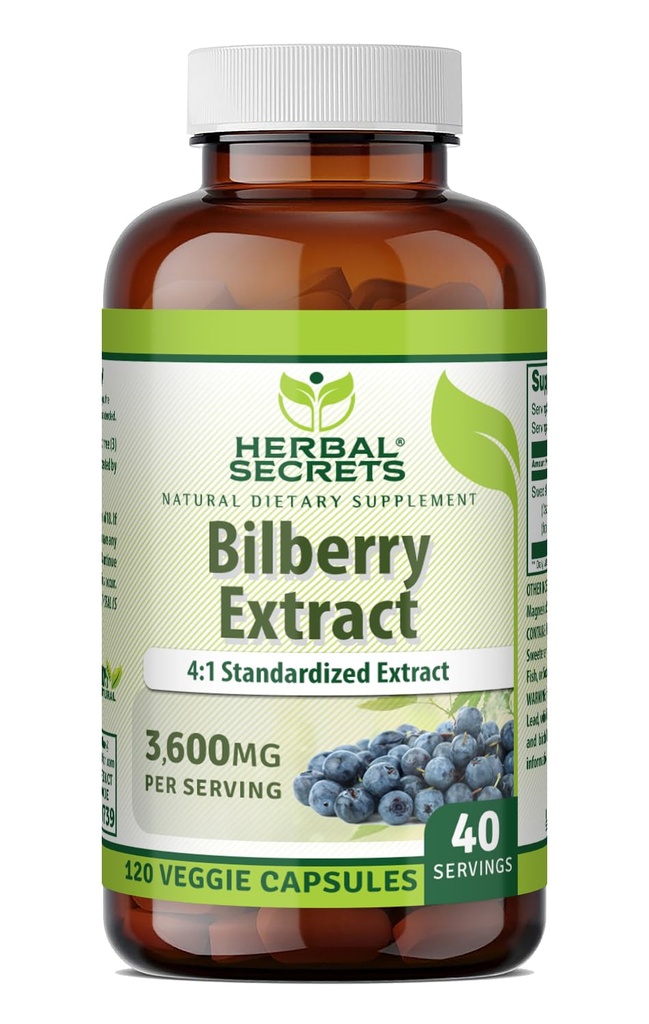 Herbal Secrets Bilberry לחלץ 300 Mg | 4:1 לחלץ (3600 מ"ג Equivalent) / Veggie קפסולות | Non-GMO | Gluten-Free | Made in USA (120 Count)