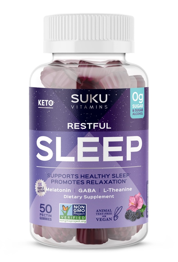SUKU Restful Sleep Gummies - 3 מ"ג מלטונין, L-theanine & GABA - טבעוני, ללא סוכר תמיכה בשינה טבעית - BlackBerry-Hibiscus Flavor - Non-GMO, Gluten-Free - 50 Count