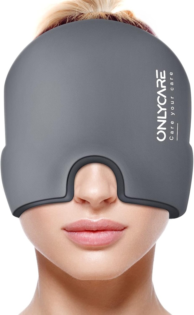 רק CARE Migraine הקלה Cap, Soothing Migraine Mask, Upgraded Odorless Gel Ice Head Wrap, Hot and Cold Therapy, FSA או HSA Eligible Headache Pack for Tension and Stress (Grey)