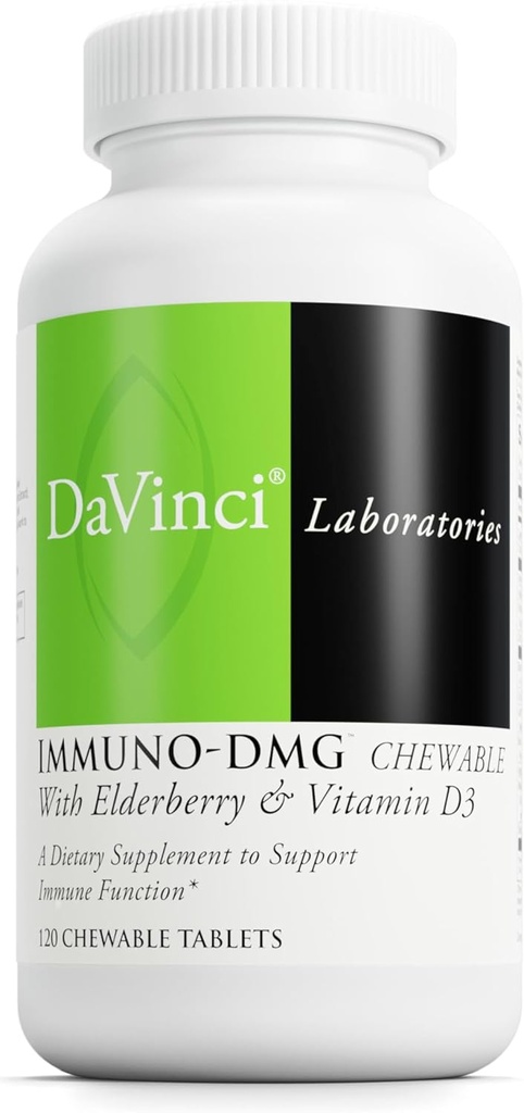 DAVINCI Labs Immuni-DMG Chewable עם Elderberry ויטמין D3 - תוספת תזונתית לתמיכה תאים ו- Immune Health * - עם ויטמין C, D3, E, Black Elderberry, DMG ועוד - 120 טבליות Chewable