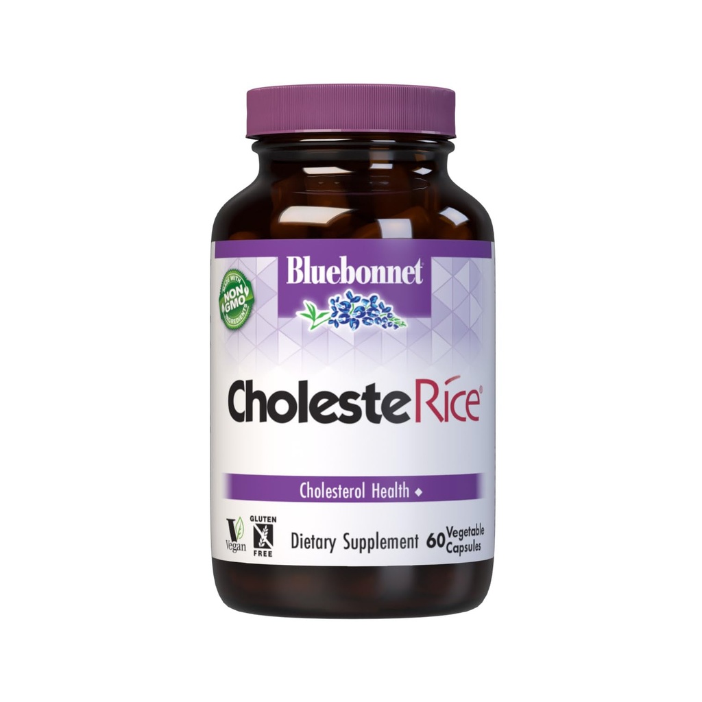Bluebonnet Nutrition CholesteRice ירקות קפסולות, Red Yeast Rice, Plant Sterols, Pantethine, CoQ10, Policosanol, Vegetarian, non GMO, Gluten Free, Milk, SOY-FREE, 60 קפסולות ירקות