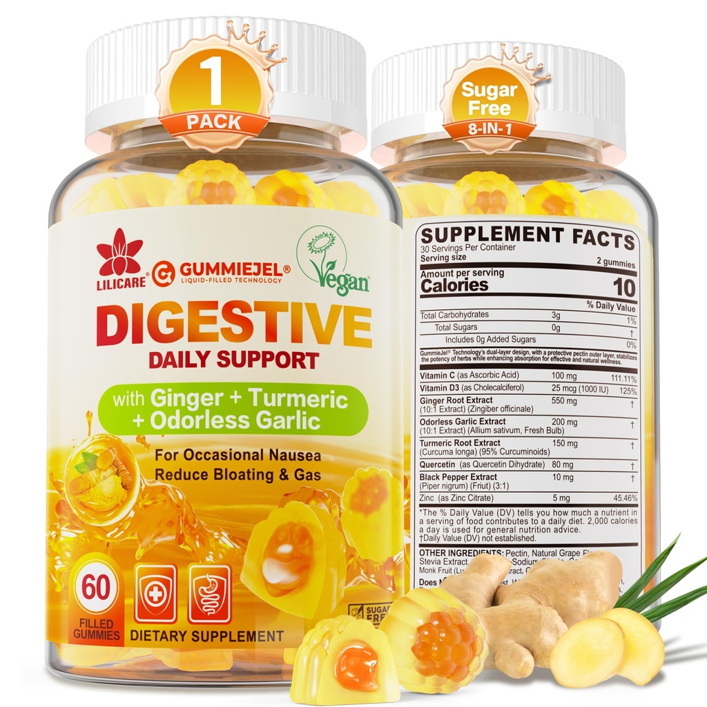 ג'ינג'ר Chews חניכיים עבור Nausea & Digestive Support, Stomach Relief - סוכר חינם עם Turmeric & Odorless Garlic, Quercetin, ויטמין D3, C, תוספי תזונה טעימים, 60Cts (Pack of 1)