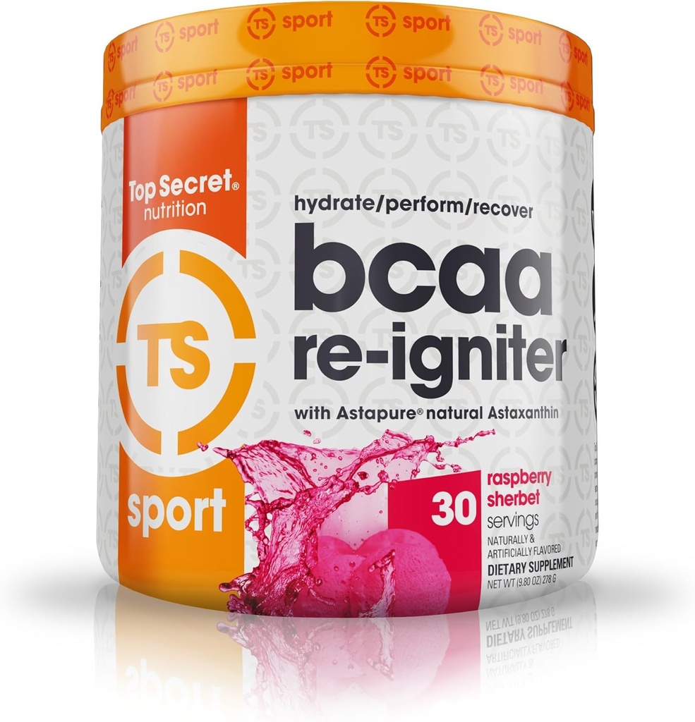 Top Secret Nutrition BCAA Re-Igniter טבעוני Amino Acid תוספת עם Astaxanthin ו Electrolyte, הידרציה עם מים קוקוס, 9.80 oz (30 מנות), פטל פטל