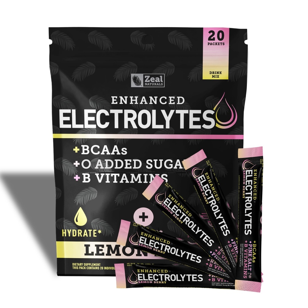 הגדלת פוליקת אלקטרוליטה Stick Packs (Lemon Brad | 20 Packets) w / 0 Sugar +BCAAs +B-Vitamins Electrolyte תוסף w Potassium Zinc & Magnesium עבור הידרה - Keto Electrolytes
