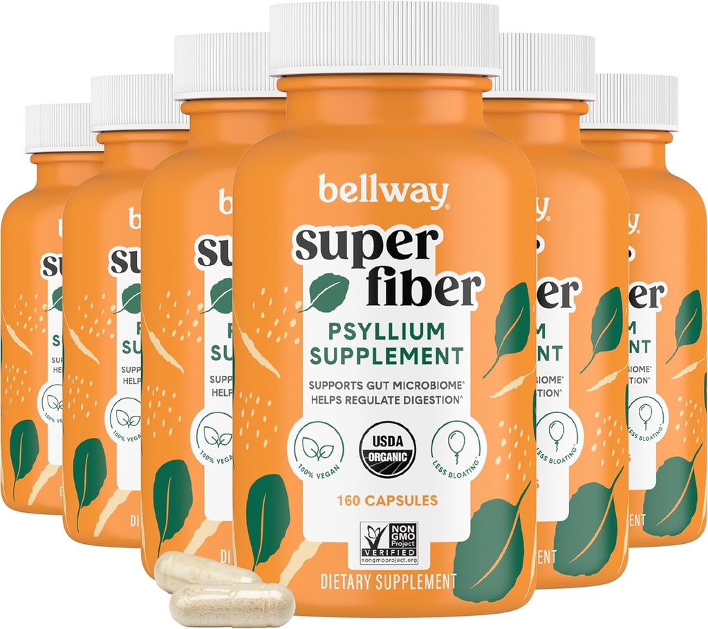 Bellway Super סיבים קפסולות (6 Pack) - USDA אורגני Psyllium Husk קפסולות - Daily Psyllium Husk סיבים תוספת לבריאות ושגרה, צמחי מבוסס, non-GMO, כשר - 960 קפסולות