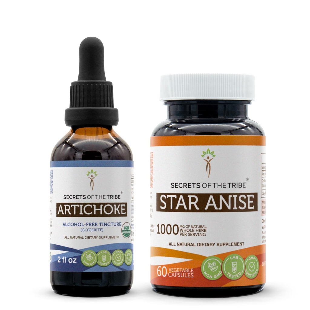 Artichoke USDA אורגני ו Star Anise כמוסות (2 PCs.) | אלכוהול חינם אורגני Artichoke (Cynara scolymus) Dried Leaf 2 oz ו 1000 מ"ג Star Anise (Illicium verum) Dried Seed (60 קפסולות)