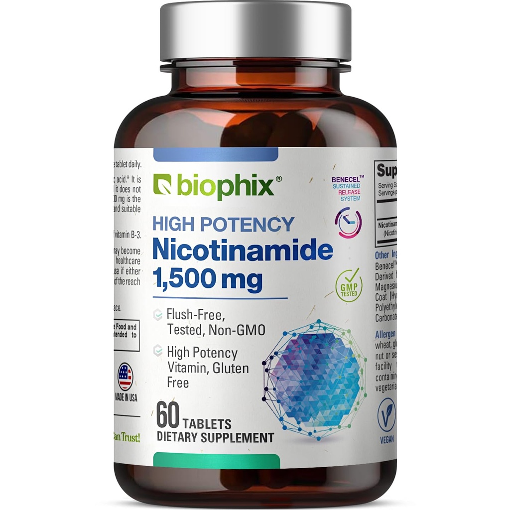 Biophix B-3 Nicotinamide 1500 מ"ג 60 טבליות כוח מקסימלי - Nicotinic Amide Niacin Natural Flush-Free Formula - תומך ב- Skin Cell Health