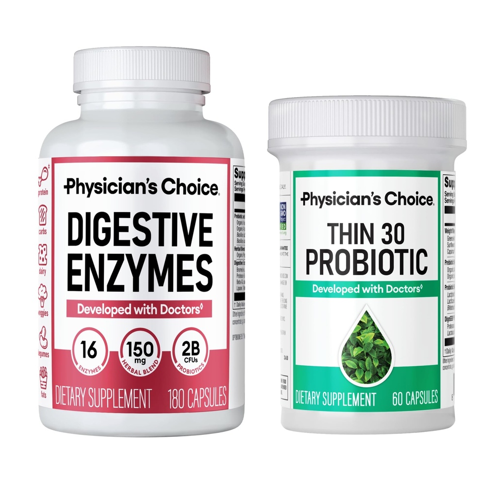 Physician's CHOICE - Beat Bloat + Support Weight Management Bundle: Digestive Enzymes 180ct + Thin-30 Probiotic 60ct - חבילת ערך