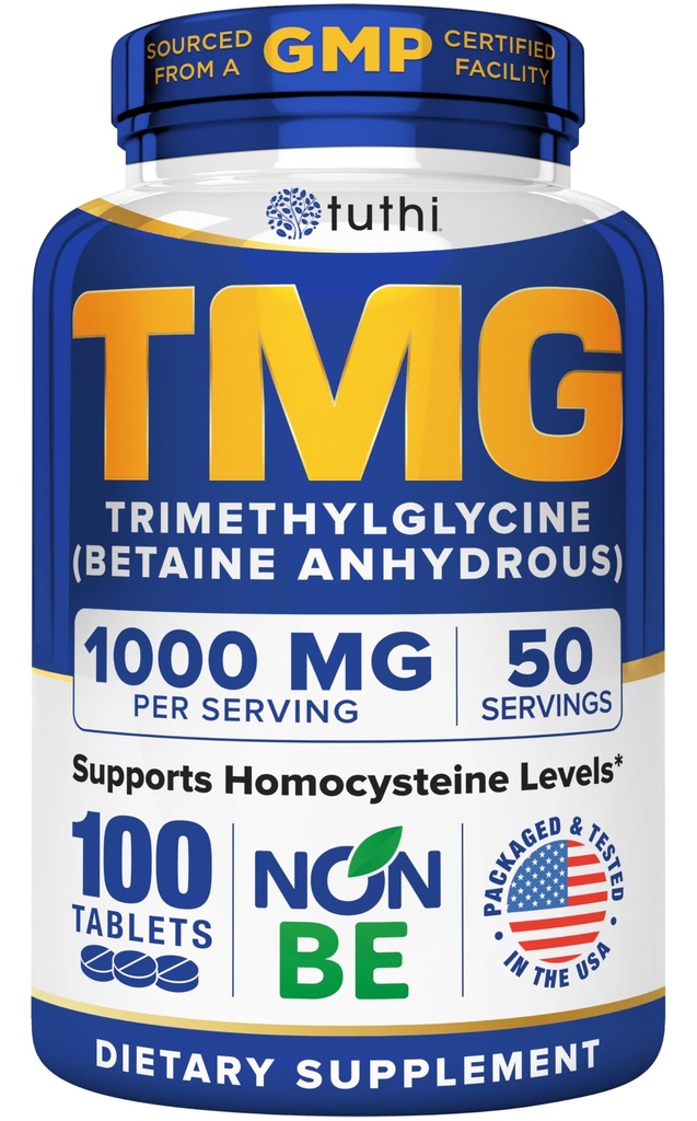 תוסף Tuthi TMG - 1000mg Trimethylglycine - Betaine Amino Acid for Cardiovascular Support and Healthy Homocysteine Levels - 100 טבליות טבעוניות - Gluten-Free, non-GMO - מיוצר בארה"ב