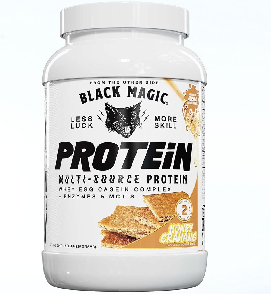 Black Magic Multi-Source אבקת חלבון Whey - Whey, Egg, Casein Complex with Enzymes & MCT's Keto, Low Sugar Pre/Post Workout Honey Graham Crackers Flavor 24g 2 LB, Pack of 1 1