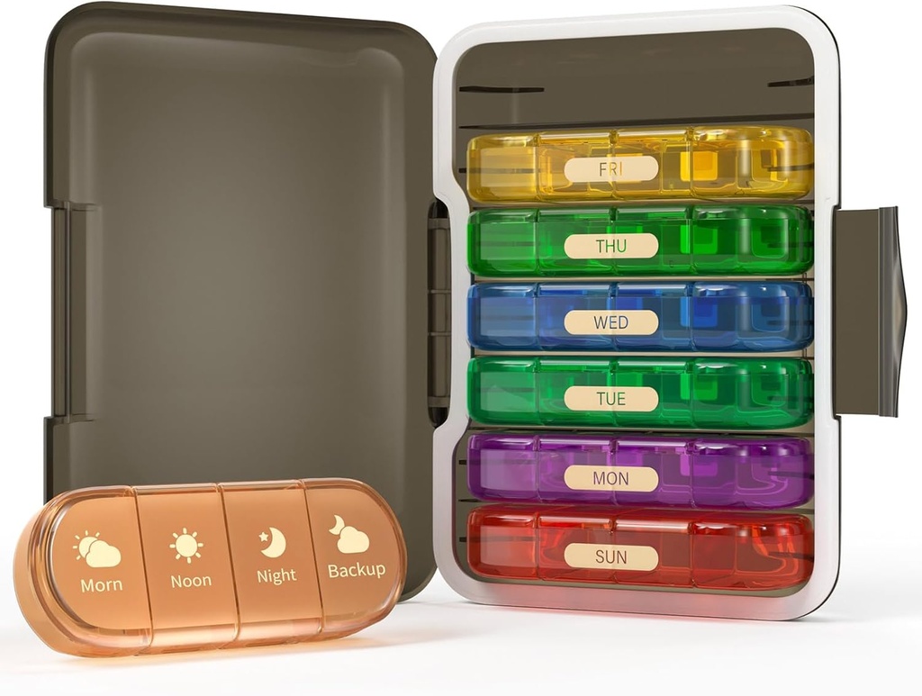 מארגנת גלולות שבועיות 4 פעמים ביום, 7 Day Pill Box 4X, Portable for Travel Pill Case for Pills/Vitamin/Fish Oil/Medication/Supplements (4x7 Black+Rainbow)