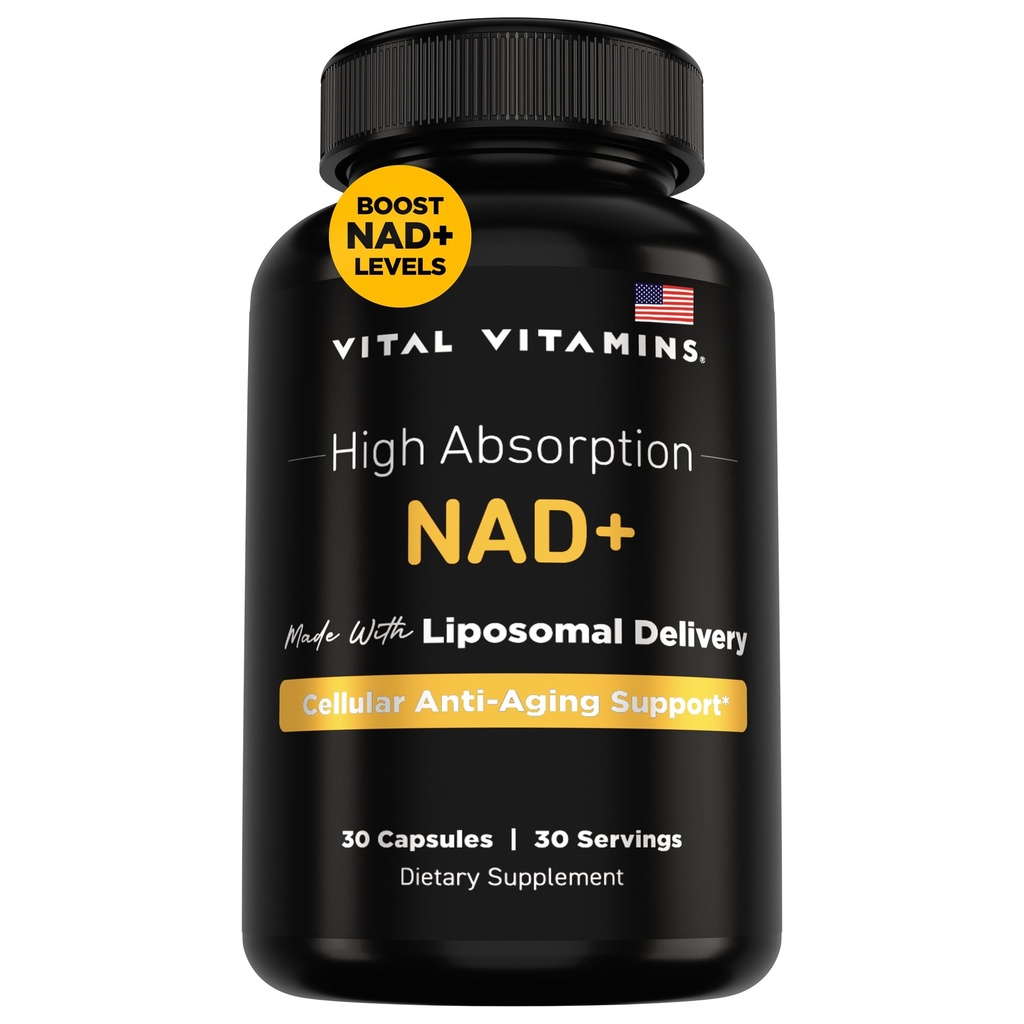 ויטמין Vitals NAD תוסף - NAD+ (Nicotinamide Adenine Dinucleotide) עבור גברים ונשים - Made with Liposomal Delivery - תמיכה נגד הזדקנות, אנרגיה, מיקוד - 30 יום אספקה