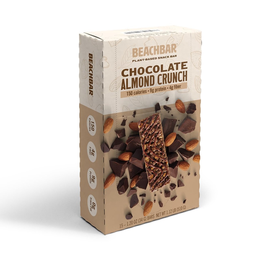 BODi BeachBAR Plant-based Chocolate Almond Crunch - חלבון עשיר בשוקולד עשיר טבעוני בר, גלוקוז חינם, נמוך Glycemic Index, 10g חלבון, 150 קלוריות, 15 Bars לכל Box