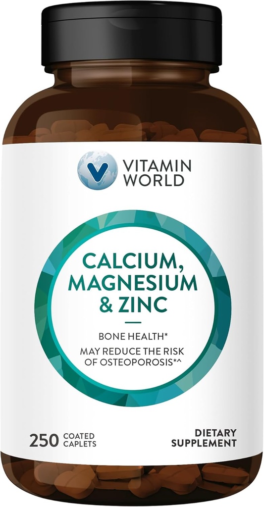 ויטמין World Calcium Magnesium Zinc "Promotes Bone Health 250 Coated caplets
