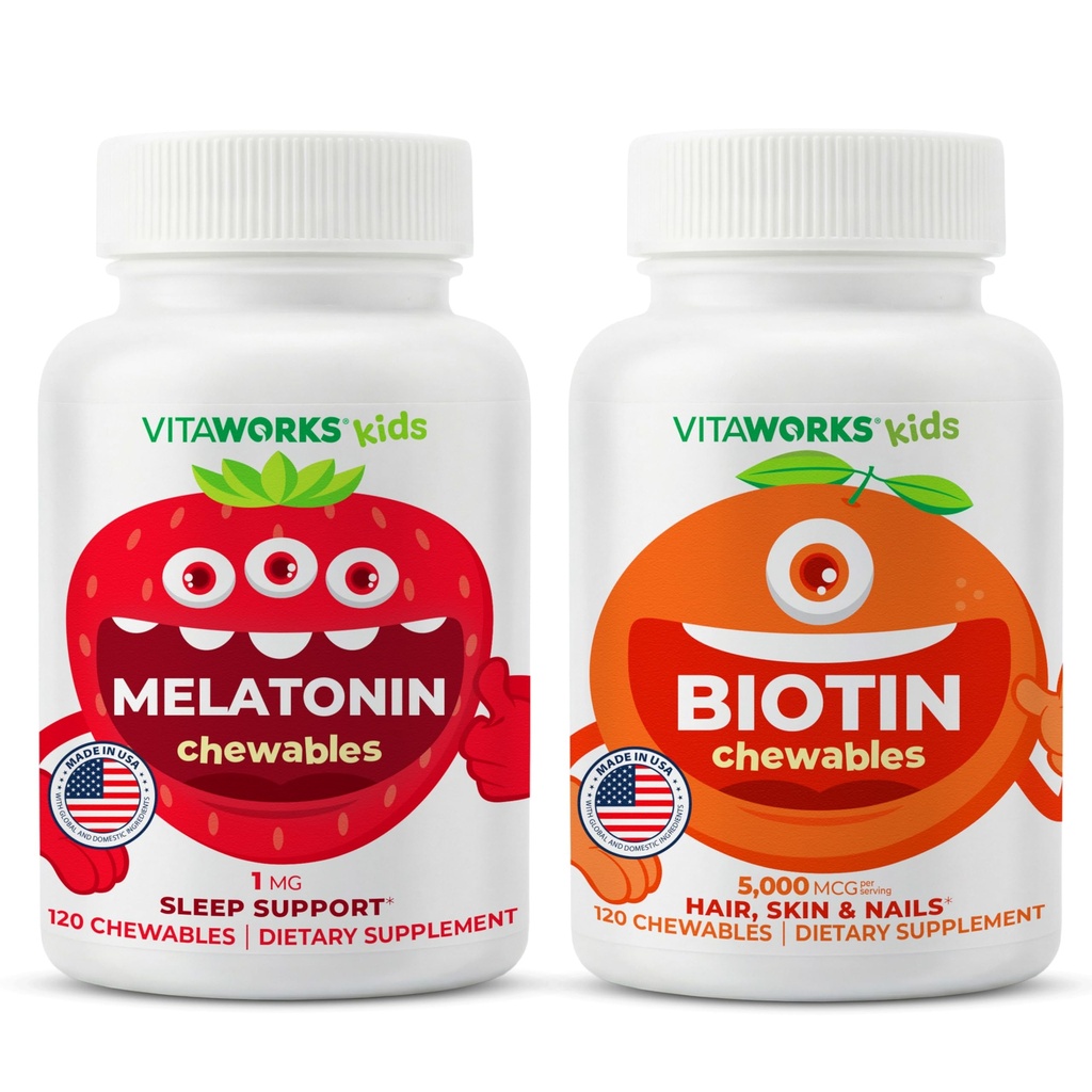 Kids Melatonin 1mg Chewables + Biotin 5000mcg Chewables Bundle