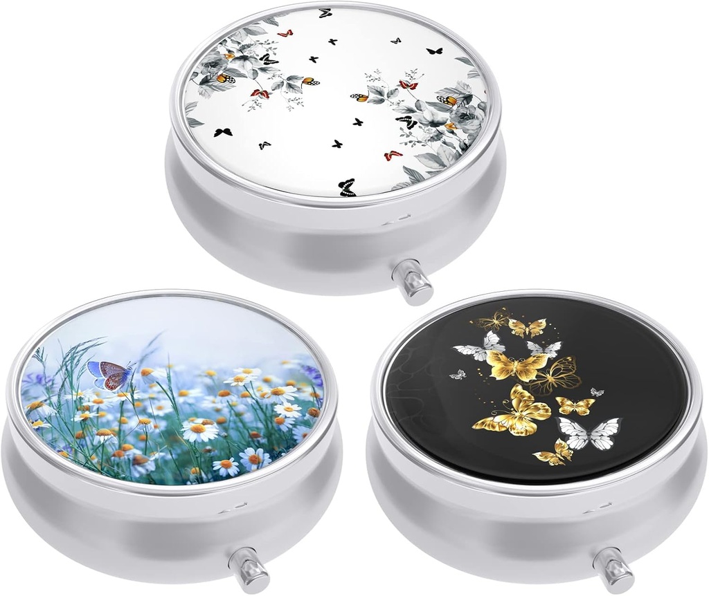 3 Pack Pill Box, Small Pill Case for Purse & Pocket, מארגנת רפואה חמודה, Portable Medicineer Holder כדי להחזיק ויטמינים, תרופות, שמן דגים ותוספים, Butterfly