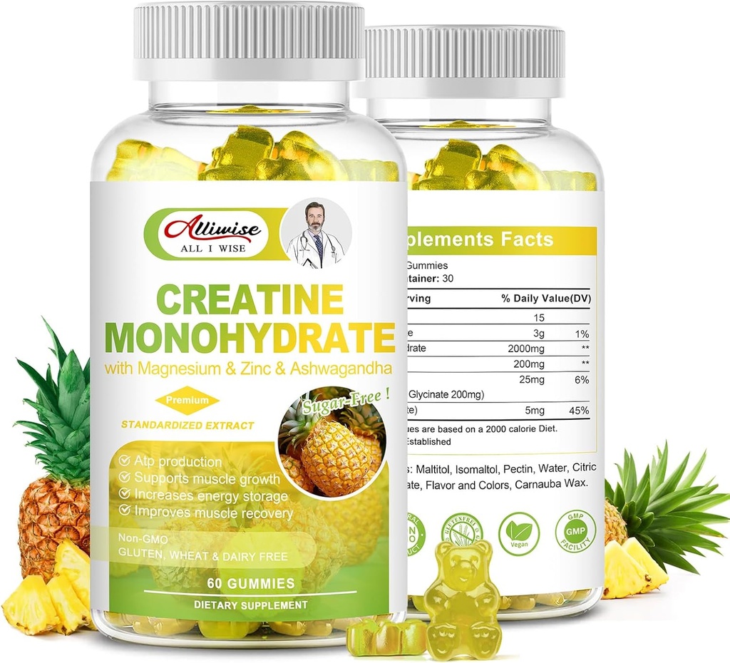 סוכר חינם Creatine Monohydrate עבור גברים ונשים, Creatine Monohydrate תוסף עם Magnesium & Zinc & Ashwagandha, עבור צמיחה שרירים וכוח, אנרגיה, תוספת עבודה