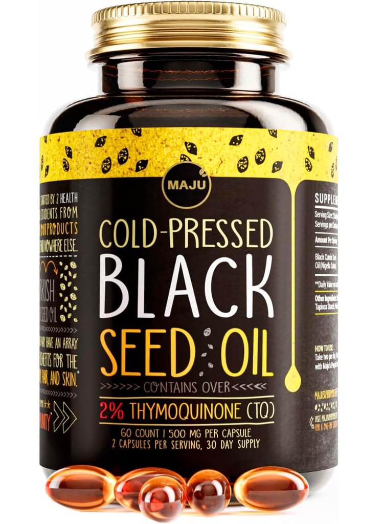 מגנזיוםu Superfoods Black Seed Oil קפסולות - Cold Pressed, 2% Thymoquinone, 100% טורקי שחור קדין Nigella Sativa שמן, נוזל שחור לחלוטין 60 הרוזן, 500 מ"ג לקפסולה