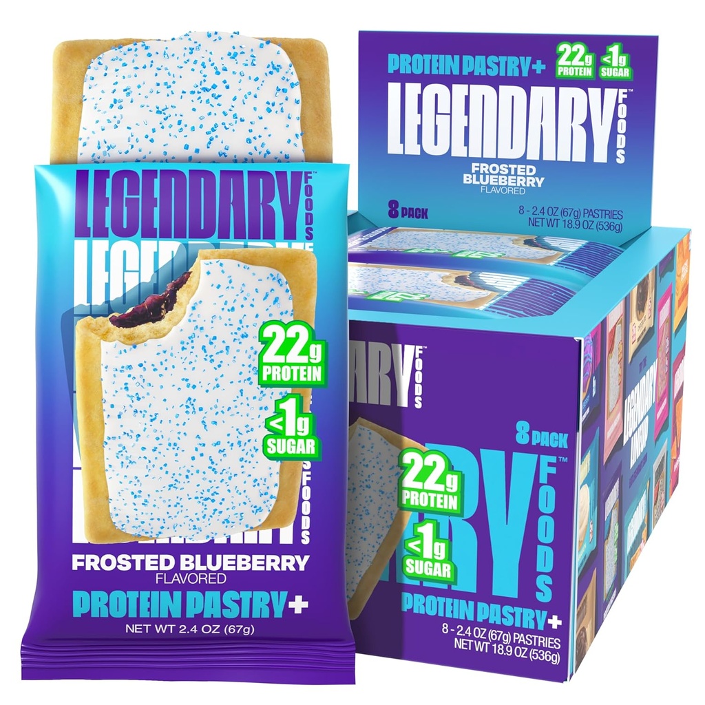 מזונות האגדיים 22g חלבון Pastry+ Frosted Blueberry, Low Carb Meal החלפת Bar - Low Glycemic, Gluten Free Protiens - Healthy Keto חטיף 8 Zero Sugar Energy Bars - דיבה ידידותי ידידותי
