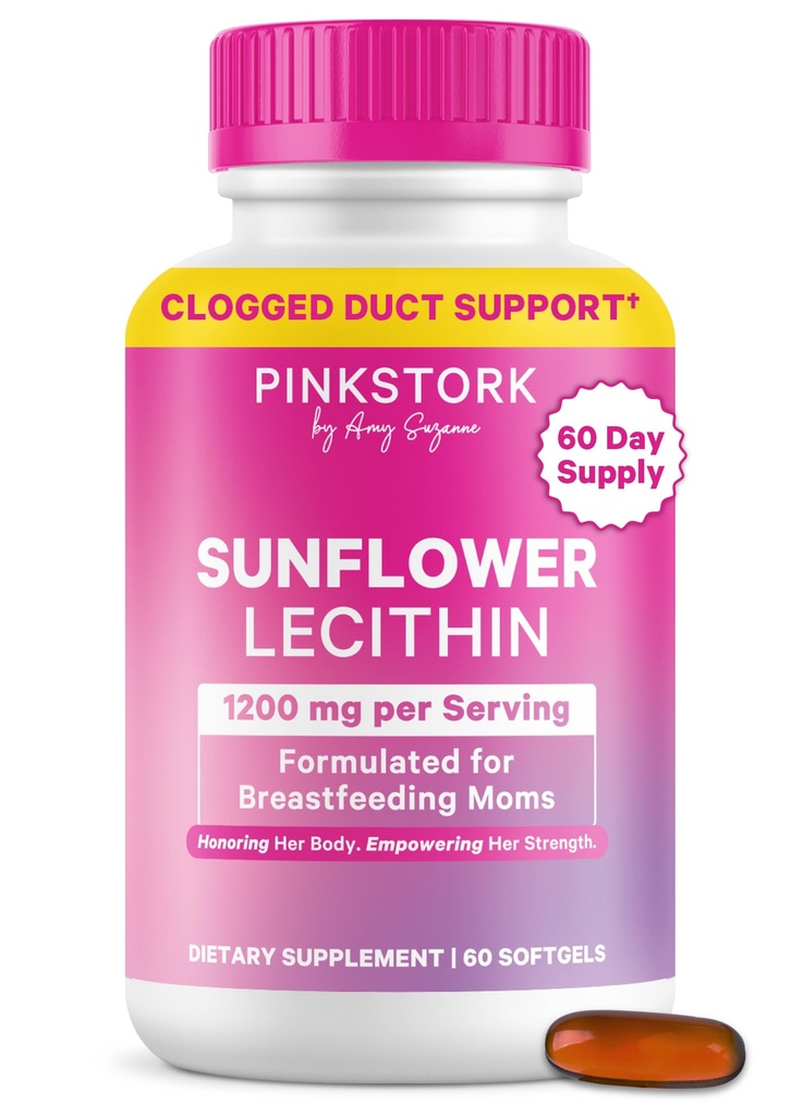Pink Stork Sunflower Lecithin תוסף - 1200 מ"ג עבור Clogged Milk Docts - הנקה הבסיסית עבור אמהות Postpartum - תמיכה חלב אם - 60 Softgels