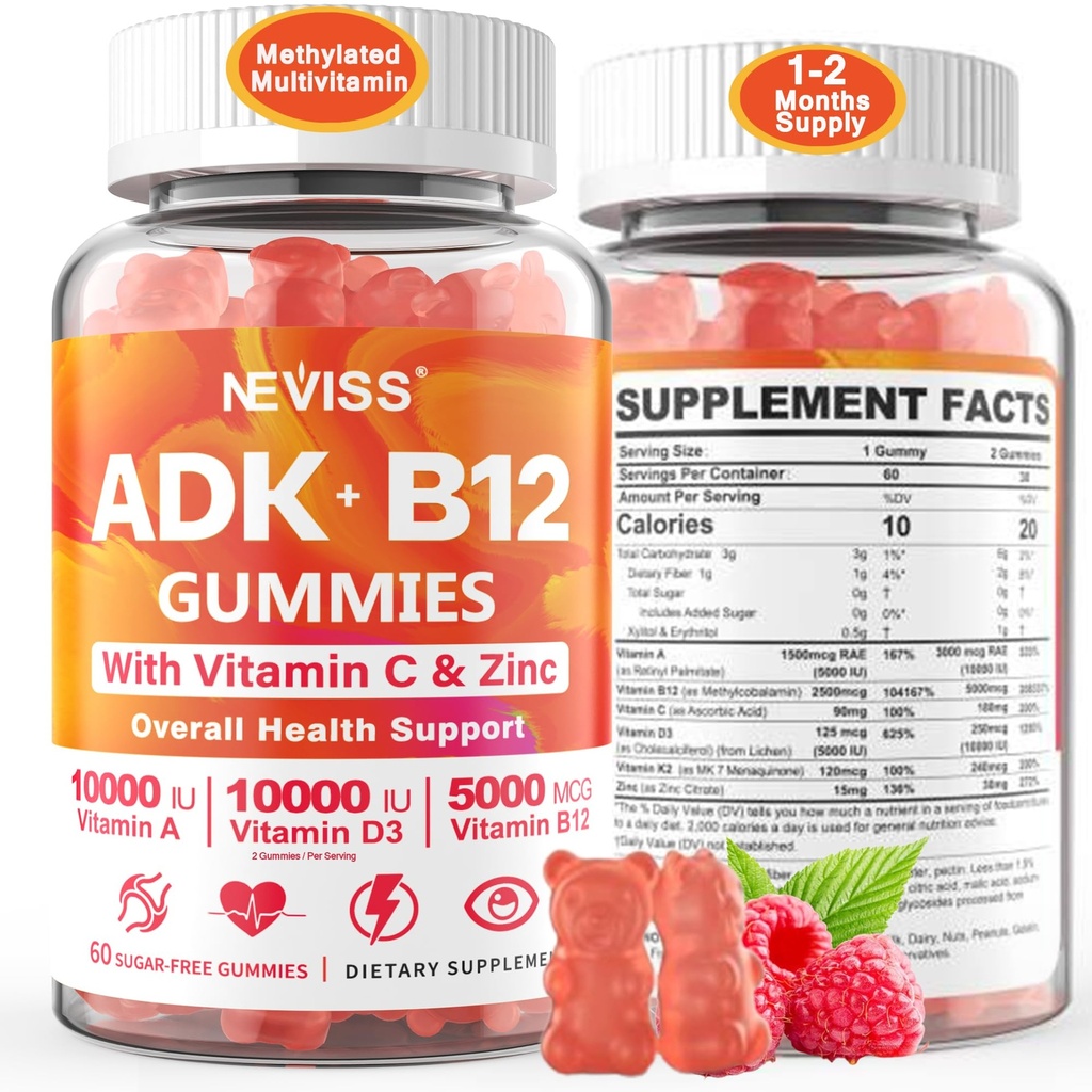 Methylated Multivitamin Women Men, ויטמין D3 K2 5000IU / 10,000IU, B12 5000 mcg 2500mcg, K2 (MK-7) 240mcg- ADK+Methyl ויטמין B12, טבעוני D3, Vitamin A, Zinc Eye, Zinc Eye, Bone, Energy, Immune, Sugar-Free Gummies