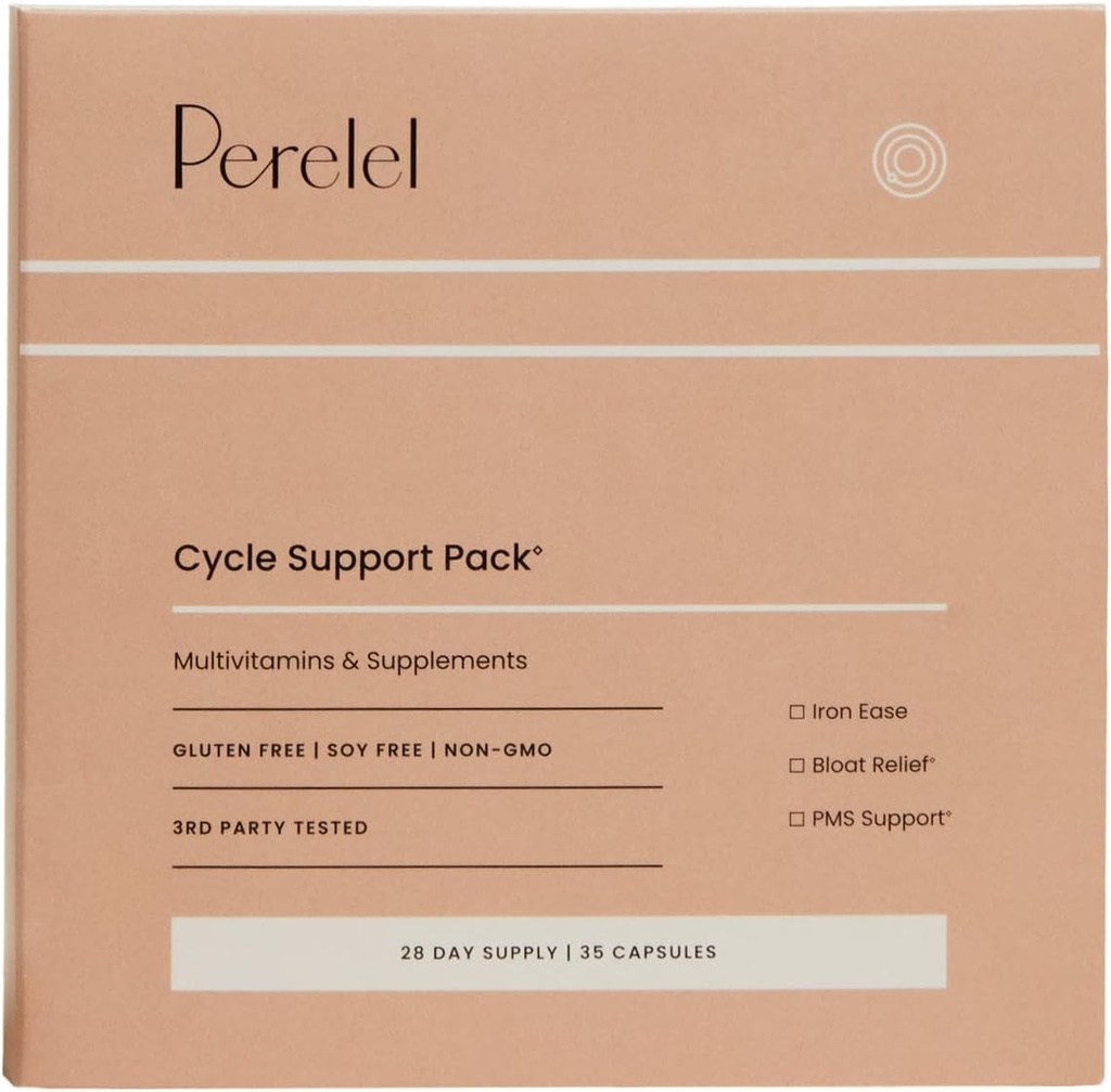 Perel Cycle Support Pack, תוסף יומי עם ברזל, ויטמין C, B12 & Bloat ו- PMS תמיכה בלנדר, Soy, Milk & Gluten Free, Non GMO, 28 יום אספקה