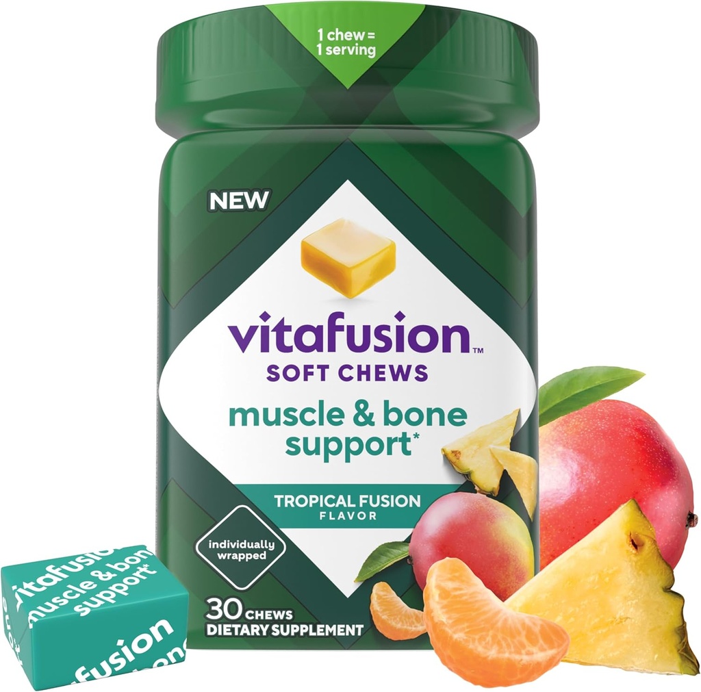 Vitafusion Soft Chews שרירים ועצמות תמיכה (1), ויטמין D למבוגרים ותמיכה בשומן ובשרירים, באופן פרטני נדפס, פיוז'ן פלאמור טרופי, 30 צ'אדות, 30 יום אספקה