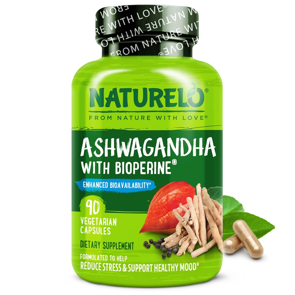 אבקת שורש אורגני NATURELO Ashwagandha אורגני - Herbs תוספת טבעי עבור Fatigue, Stress Relief, Mood Enhancer - עם שחור פפר לחלץ - 90 קפסולות טבעוניות