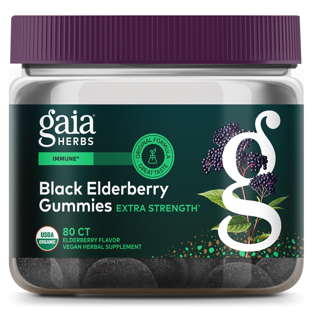 גאיה Herbs Black Elderberry (Sambucus Nigra) תוספת מסטיקנים - תוספת תמיכה טעים Immune - Made with Certified Organic Black Elderberries for Immune System Support - 80 חניכיים