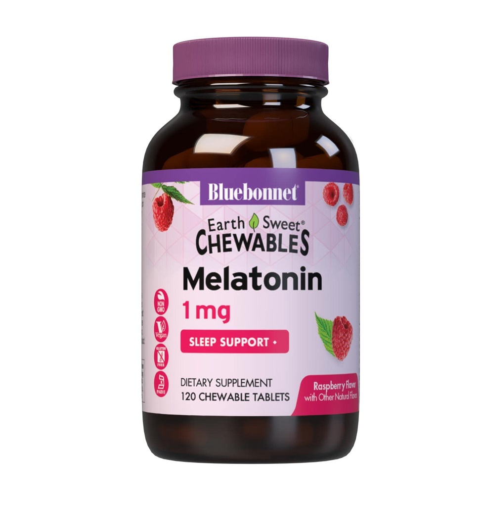 Bluebonnet Nutrition Earth Sweet Melatonin 1 מ"ג מהיר ניתוק לילה מהיר תמיכה בשינה מנוחה - Sleep Aid - Gluten-Free, Vegan - Raspberry Flavor - 120 טבליות צ'ואובל