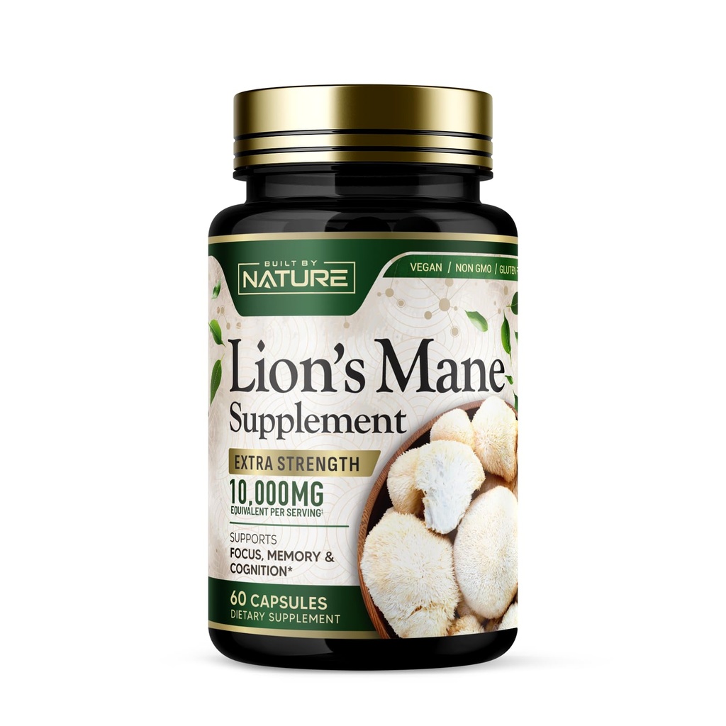 נבנה על ידי Nature Lion's Mane 10,000 מ"ג - תוספת כוח Mushroom תוספת תוסף תמיכה המוח nootropic - Focus, Memory and Cognitive Function - Non-GMO, Gluten-Free, טבעוני - 60 קפסולות