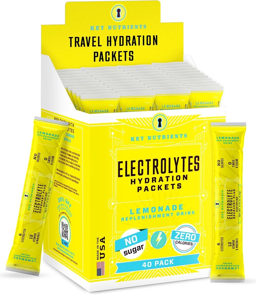 KEY NUTRIENTS Multivitamin Electrolytes hydrotion Packets - רענון Lemonade Post Workout and Recovery 40 Pack - No Sugar, No Calories - אבקת נסיעות