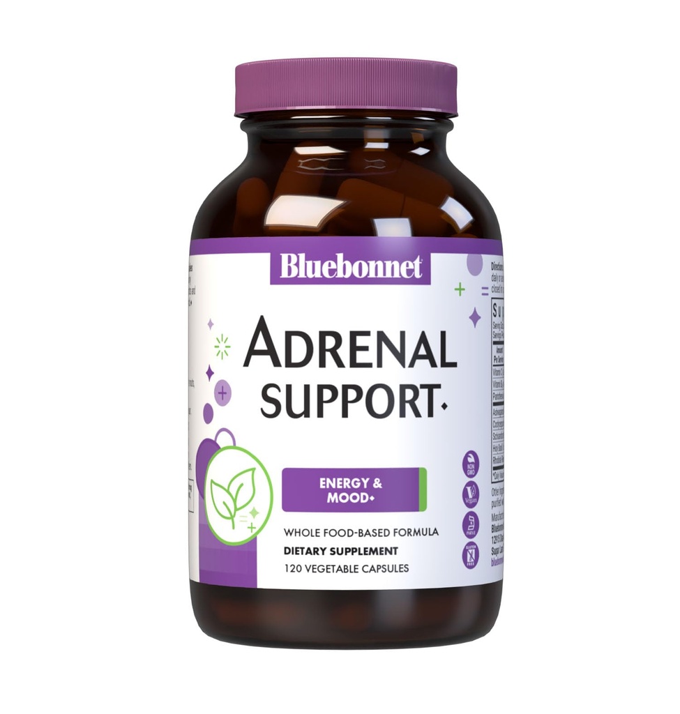 Bluebonnet Nutrition Adrenal Support, Energy & Mood *, Non-GMO, טבעוני, מוסמך כשר, Gluten-Free, Soy-Free, Milk-Free, 120 קפסולות ירקות, 60 משרתים