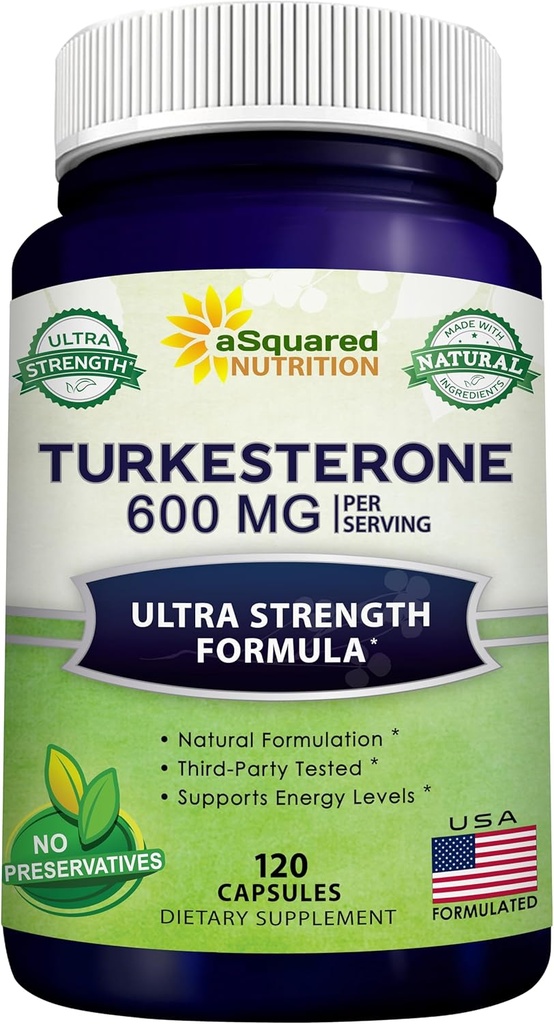 ASquared Nutrition Turkesterone תוסף 600 מ"ג - 120 קפסולות - אבקת תמצית אג'אגה טורקסטניקה - גלולות מורכבות טורקסטרון - פורמולציה טבעית