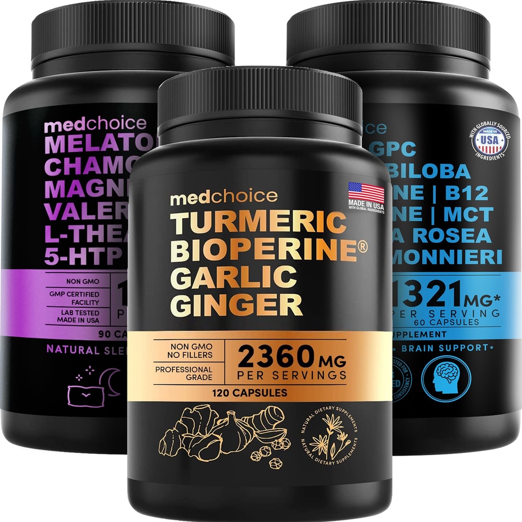 MEDCHOICE Turmeric & ג'ינג'ר (120ct), Sleep Melatonin (90ct), ו- Nootropic Brain (60ct) תוסף Bundle - "השלישיה של המוח, השינה ו- Immune Support - טבעוני, non-GMO, Gluten-Free-Free Gluten-Free Free-Free"