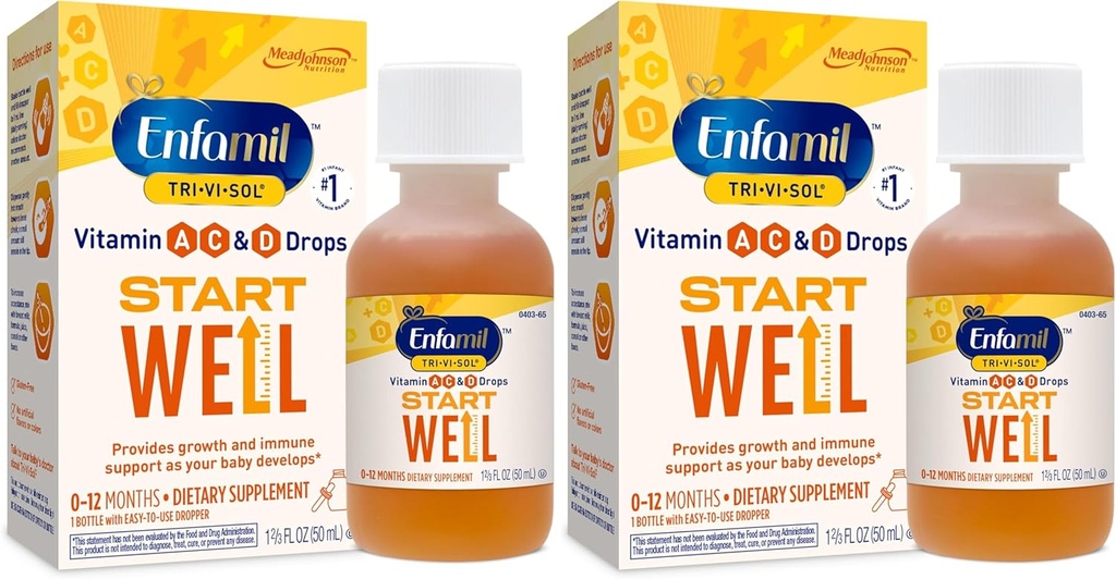 Enfamil Prenatals & Baby ויטמינים Tri-Vi-Sol ויטמין A, C & D Multi-Vitamin טיפות עבור תינוקות, תומך צמיחה ובריאות החיסון, 50 mL Dropper בקבוק,1.69 Fl Oz (Pack of 2), MJ-030