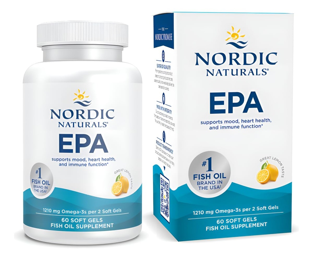Nordic Naturals EPA, Lemon - 60 Soft Gels - 1210 מ"ג אומגה 3 - High-Intensity EPA Formula for Positive Mood, Heart Health & Health Immunity - 30 משרתים