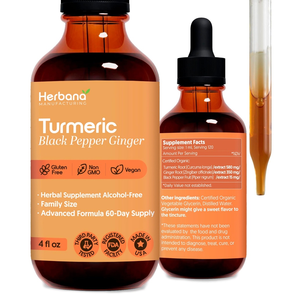 Turmeric 3-in-1 נוזל לחלץ - Curcumin & ג'ינג'ר, Black Pepper - Natural Herbal Supplement - Immune and Brain Booster Tincture (2 FL OZ)