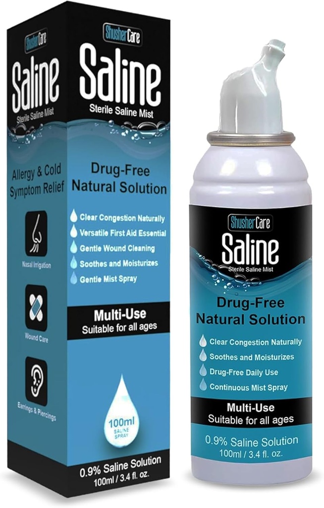 Saline Spray for Nose - Nasal Spray Saline פתרון לתינוקות, Baby & Adults, Salt Water Decongestant Mist for Stuffy Nose, Travel Friendly, Natural, 0.9% Saline - 100 מ"ל (3.4 oz)