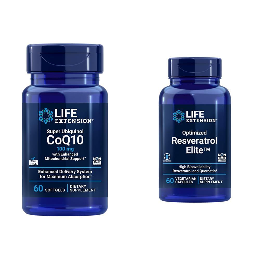 Life Extension Super Ubiquinol CoQ10 60 Softgels ו Optimized Resveratrol Elite 60 קפסולות צמחוניות Bundle