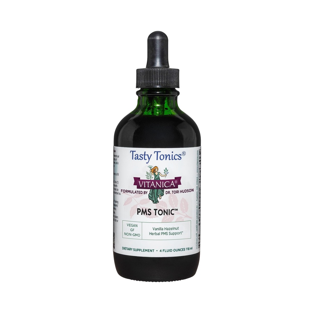 Vitanica PMS Tonic, Premenstrual Support and Relief, Saint Johns Wort, Dong Quai, Chaste Tree Berry, Wild Sea ועוד, טבעוני 4 Ounce