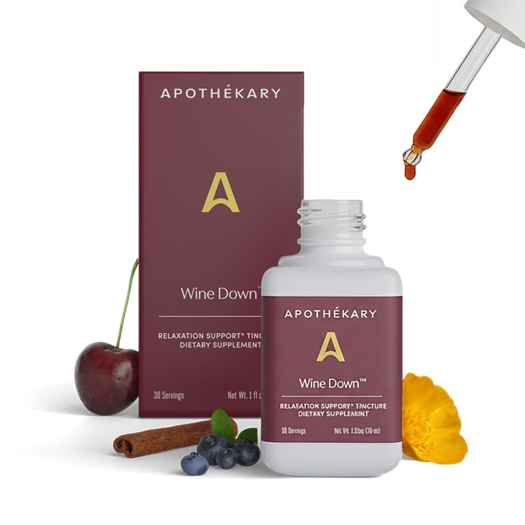 Apothékary Wine Down, Natural Sleep and hipation Support, Alcohol-Free Red Wine-Inspireed Herbal Liquid Drops, Consists of Blue Vervain, Tart Cherry, and California Poppy, 1 oz, 30 משרתים