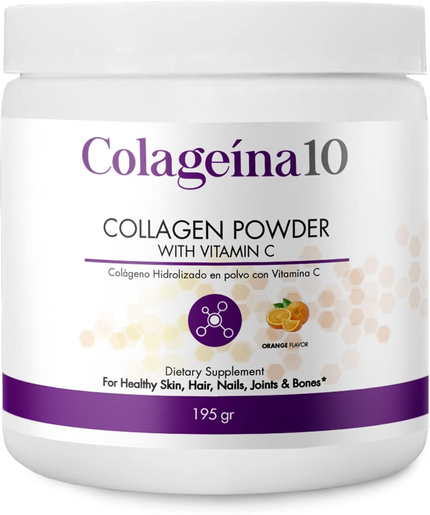 קולג'ינה 10 אבקת קולג'ן עם ויטמין C (195 גר) - Orange Flavor - Anti-Aging Dietary Supplement for Healthy Skin, Hair, Nails, Joints, and Bones