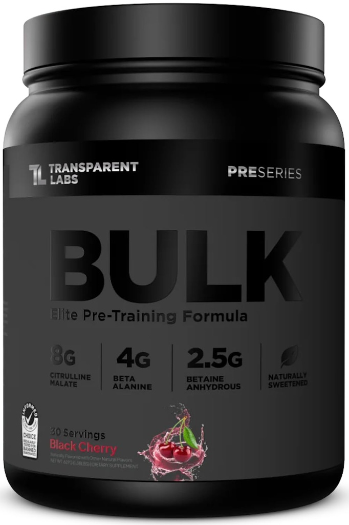 Transud Labs Bulk Black Pre Workout - קלינית Dosed, Sugar Free Preworkout לגברים ונשים עם אבקת Betaine, Citrulline Malate, & Caffeine - 30 משרתים, Black Cherry